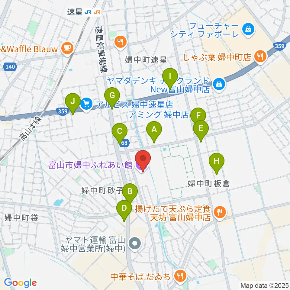 富山市婦中ふれあい館周辺のファミレス・ファーストフード一覧地図