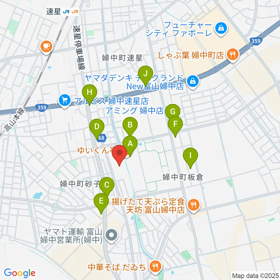富山市婦中ふれあい館周辺のファミレス・ファーストフード一覧地図