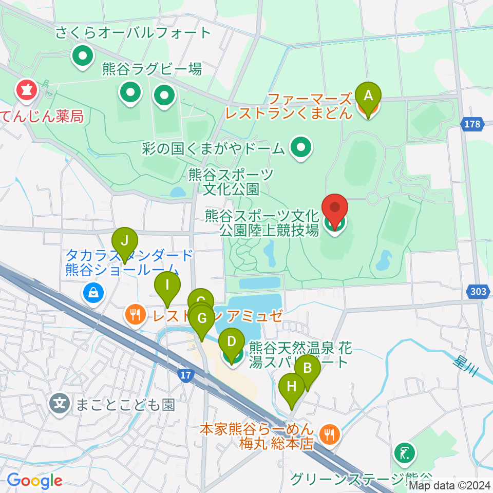 熊谷スポーツ文化公園陸上競技場 周辺のファミレス ファーストフード一覧マップ