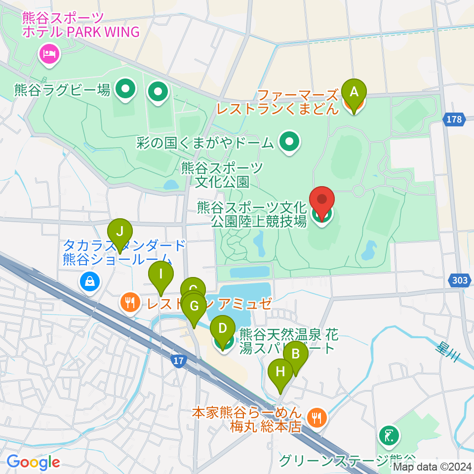 熊谷スポーツ文化公園陸上競技場周辺のファミレス・ファーストフード一覧地図