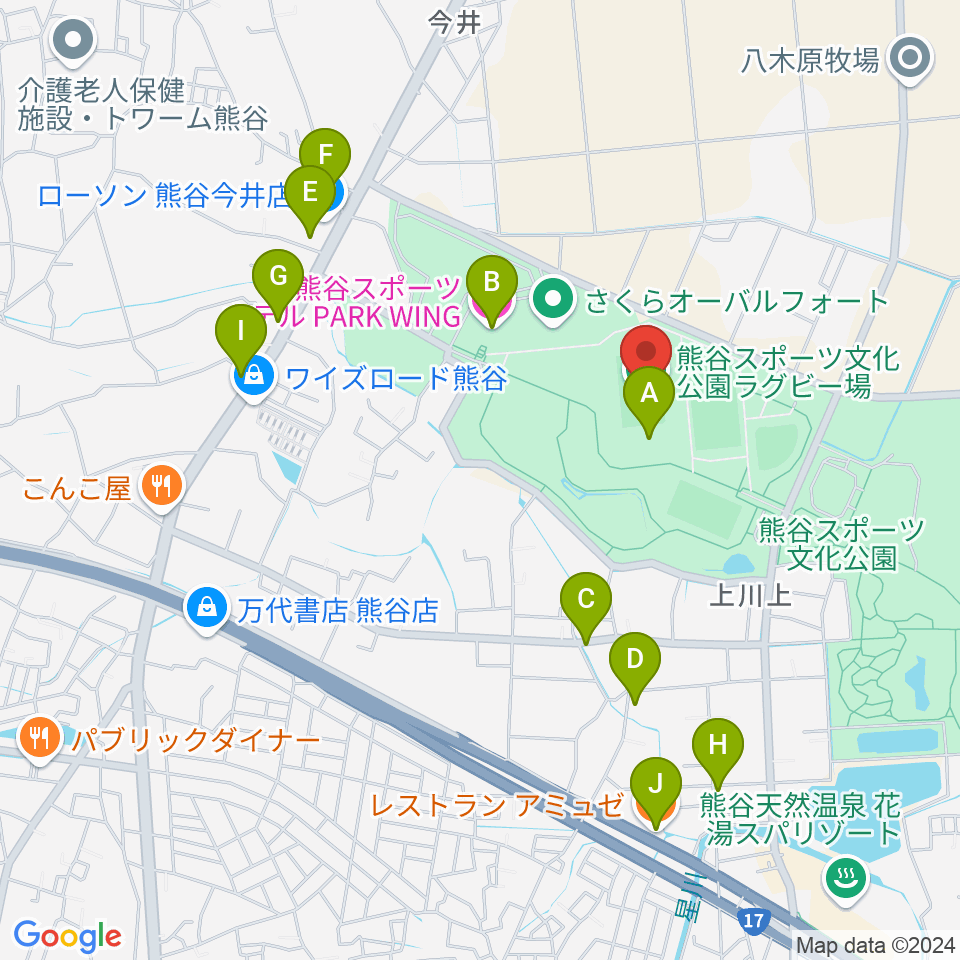 熊谷ラグビー場周辺のファミレス・ファーストフード一覧地図