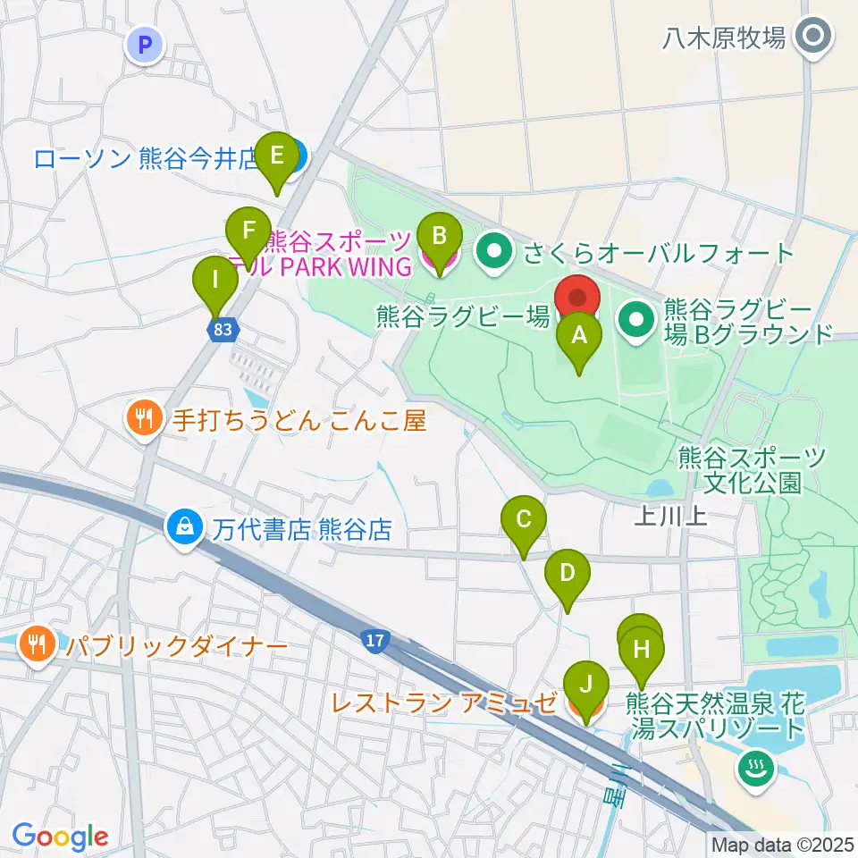 熊谷ラグビー場周辺のファミレス・ファーストフード一覧地図