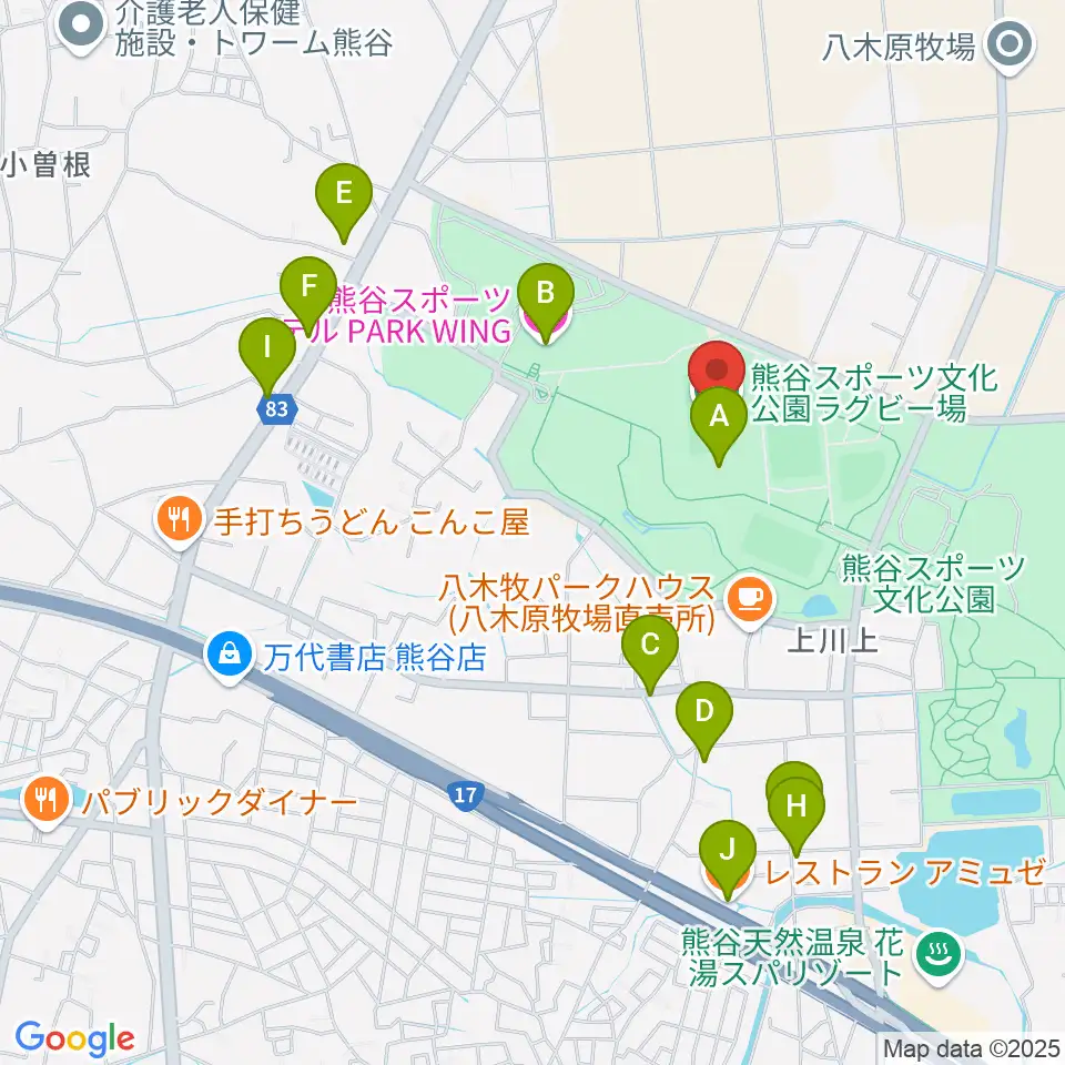 熊谷ラグビー場周辺のファミレス・ファーストフード一覧地図