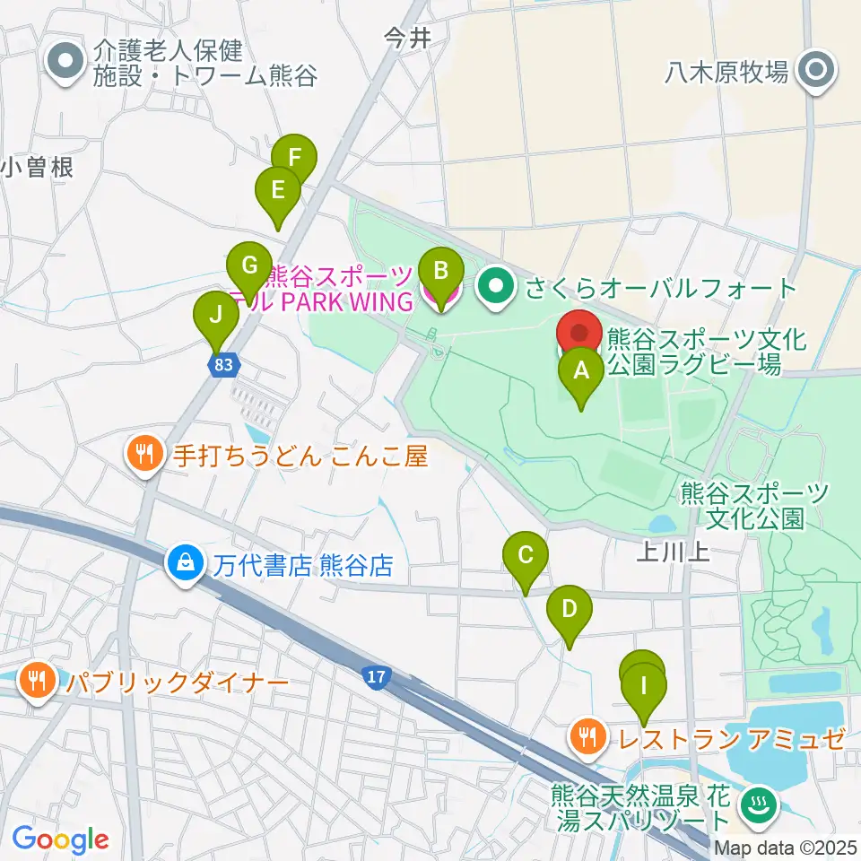 熊谷ラグビー場周辺のファミレス・ファーストフード一覧地図