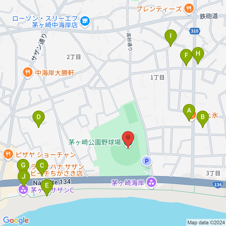 茅ヶ崎公園野球場周辺のファミレス・ファーストフード一覧地図