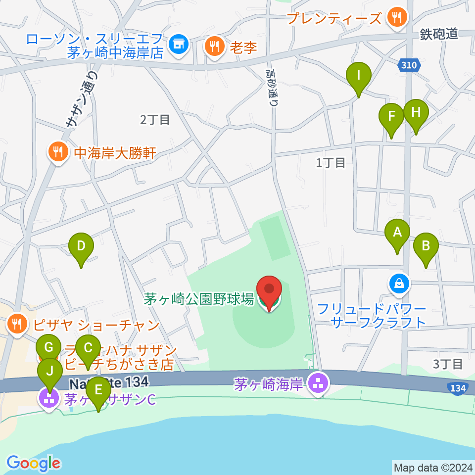 茅ヶ崎公園野球場周辺のファミレス・ファーストフード一覧地図