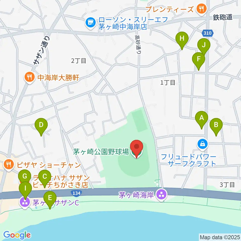 茅ヶ崎公園野球場周辺のファミレス・ファーストフード一覧地図