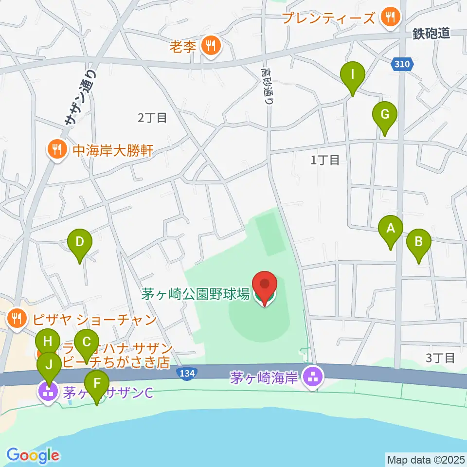 茅ヶ崎公園野球場周辺のファミレス・ファーストフード一覧地図