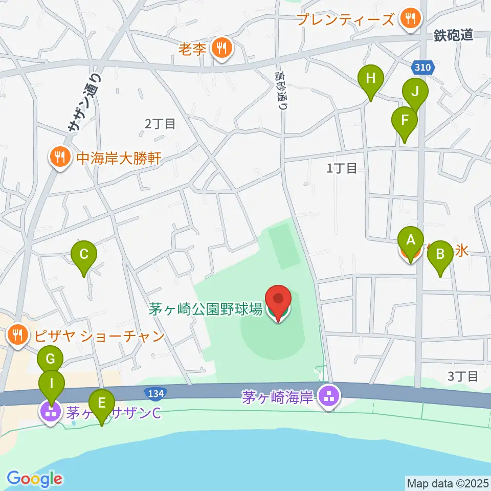 茅ヶ崎公園野球場周辺のファミレス・ファーストフード一覧地図