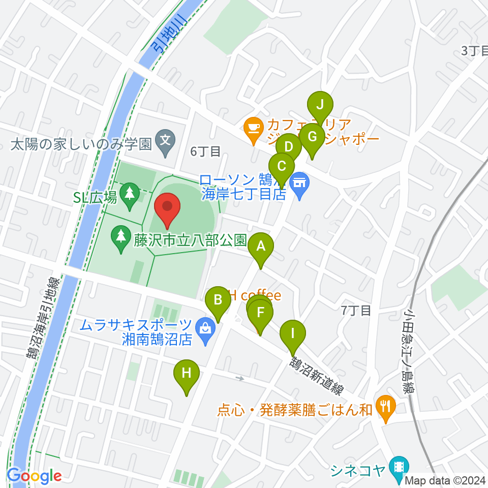 藤沢市八部野球場周辺のファミレス・ファーストフード一覧地図