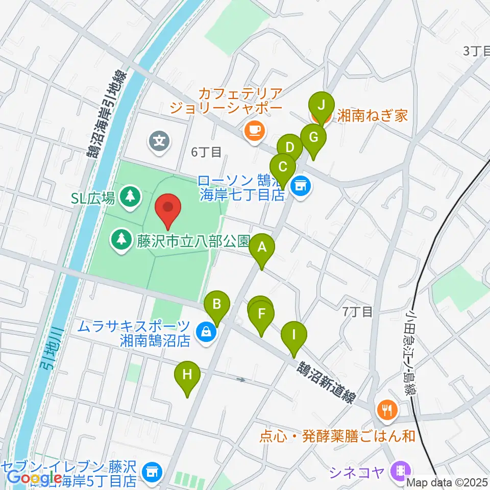 藤沢市八部野球場周辺のファミレス・ファーストフード一覧地図