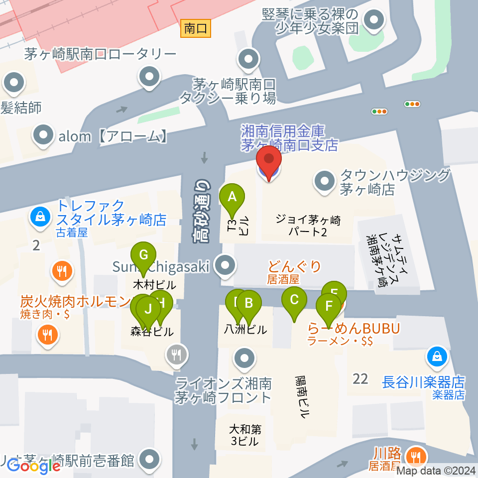 長谷川楽器店 駅前センター周辺のファミレス・ファーストフード一覧地図