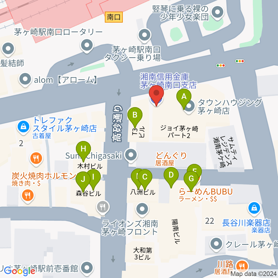 長谷川楽器店 駅前センター周辺のファミレス・ファーストフード一覧地図