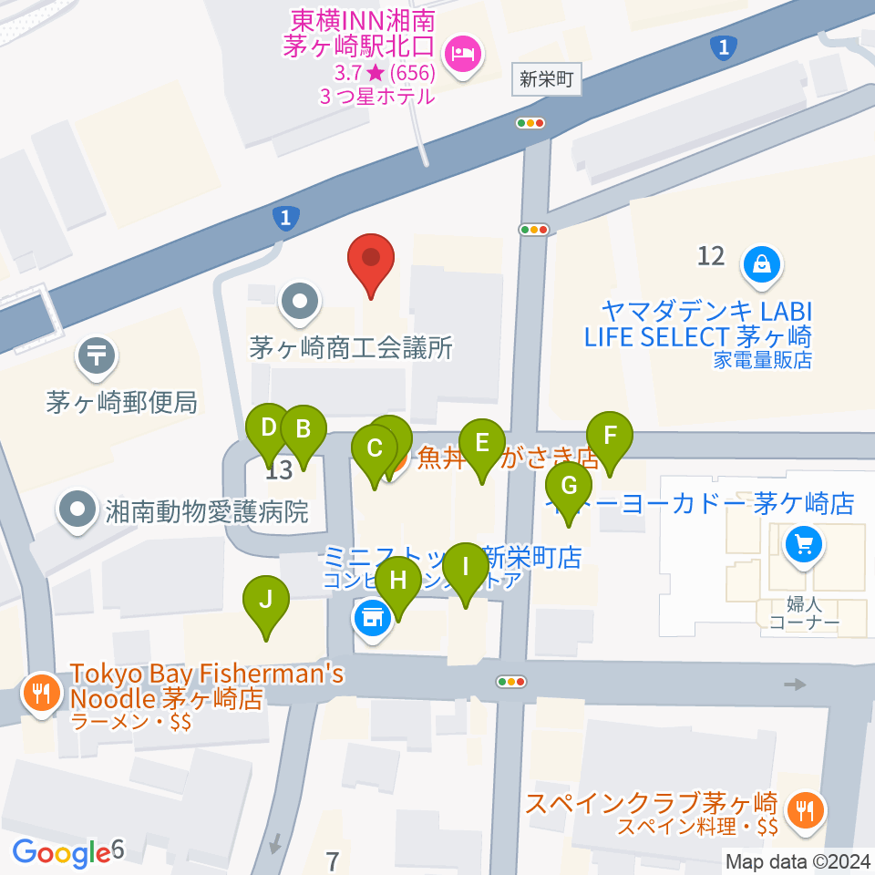 茅ヶ崎市勤労市民会館周辺のファミレス・ファーストフード一覧地図