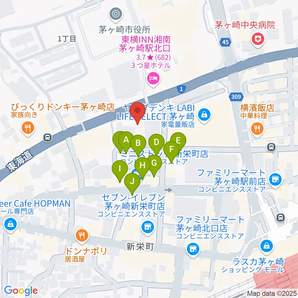 茅ヶ崎市勤労市民会館周辺のファミレス・ファーストフード一覧地図