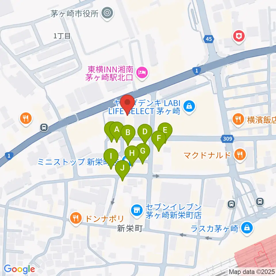 茅ヶ崎市勤労市民会館周辺のファミレス・ファーストフード一覧地図