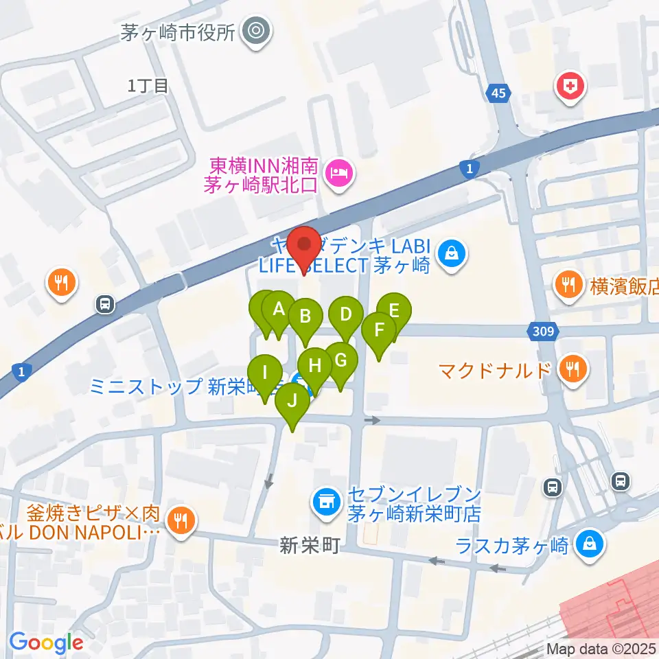 茅ヶ崎市勤労市民会館周辺のファミレス・ファーストフード一覧地図