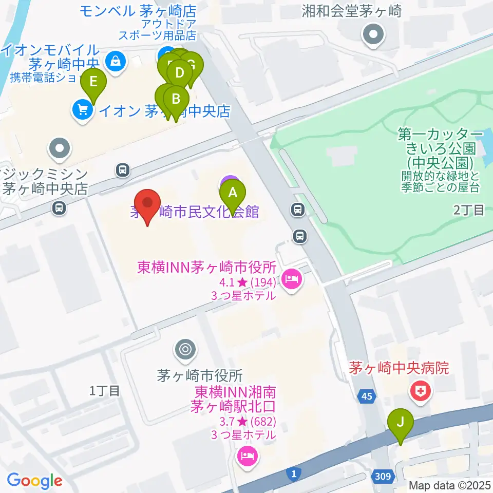 茅ヶ崎市総合体育館周辺のファミレス・ファーストフード一覧地図