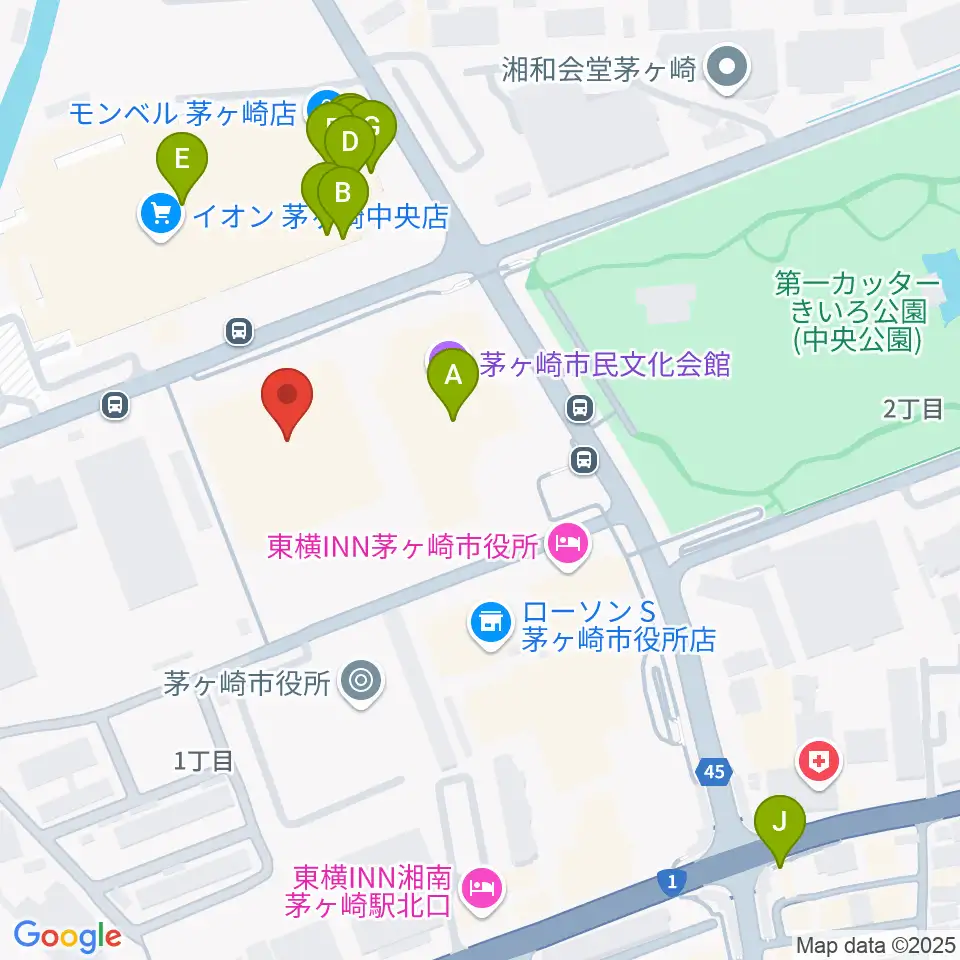 茅ヶ崎市総合体育館周辺のファミレス・ファーストフード一覧地図