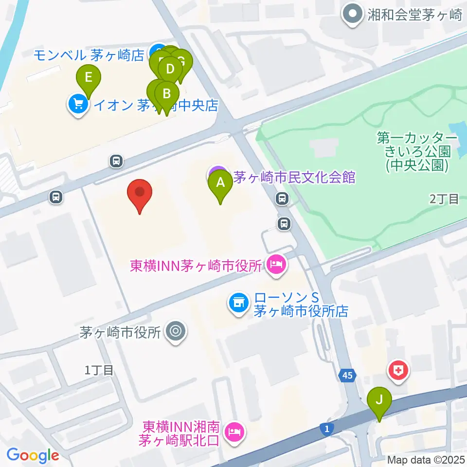 茅ヶ崎市総合体育館周辺のファミレス・ファーストフード一覧地図