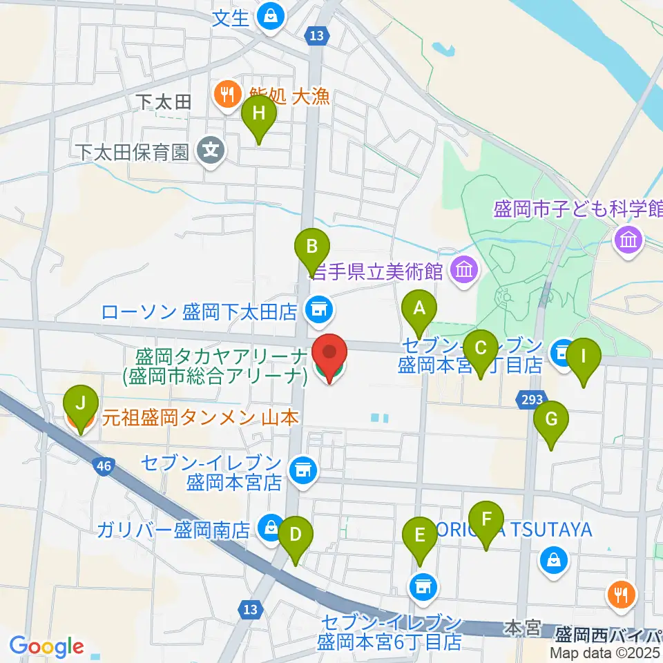 盛岡タカヤアリーナ周辺のファミレス・ファーストフード一覧地図