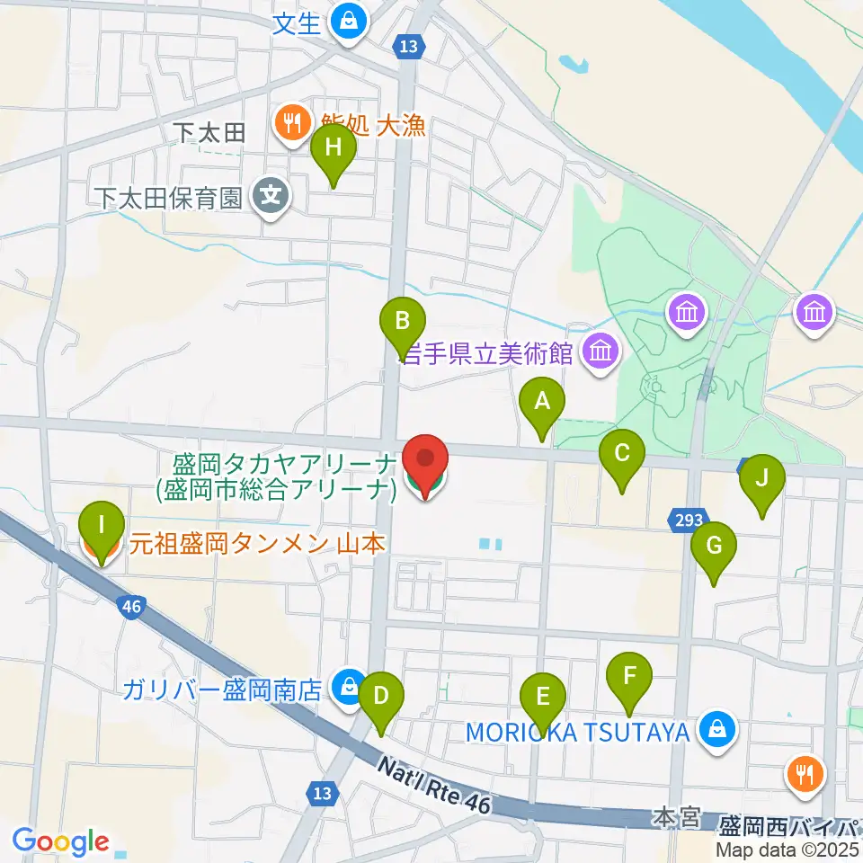 盛岡タカヤアリーナ周辺のファミレス・ファーストフード一覧地図