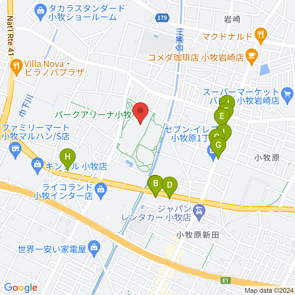 パークアリーナ小牧周辺のファミレス・ファーストフード一覧地図