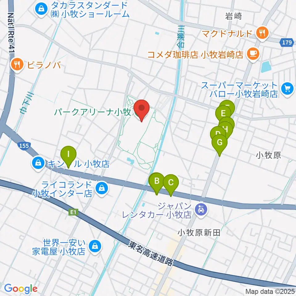パークアリーナ小牧周辺のファミレス・ファーストフード一覧地図
