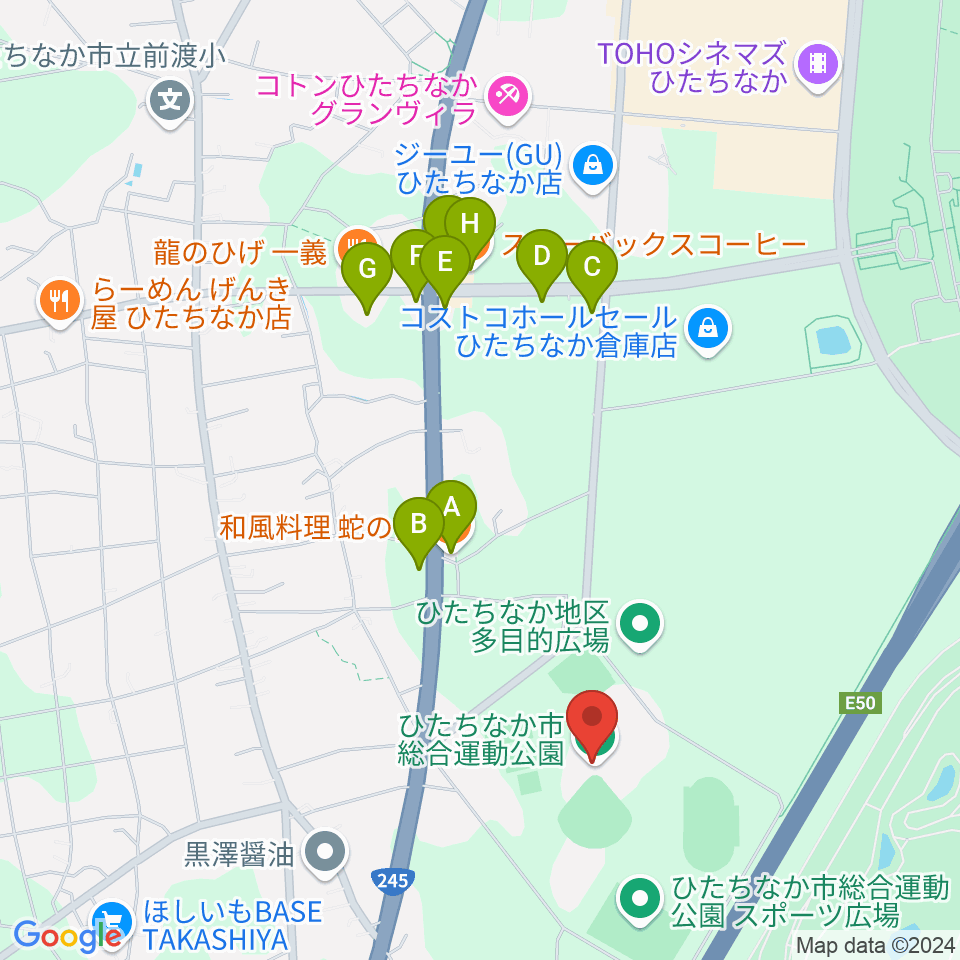 ひたちなか市総合運動公園総合体育館周辺のファミレス・ファーストフード一覧地図