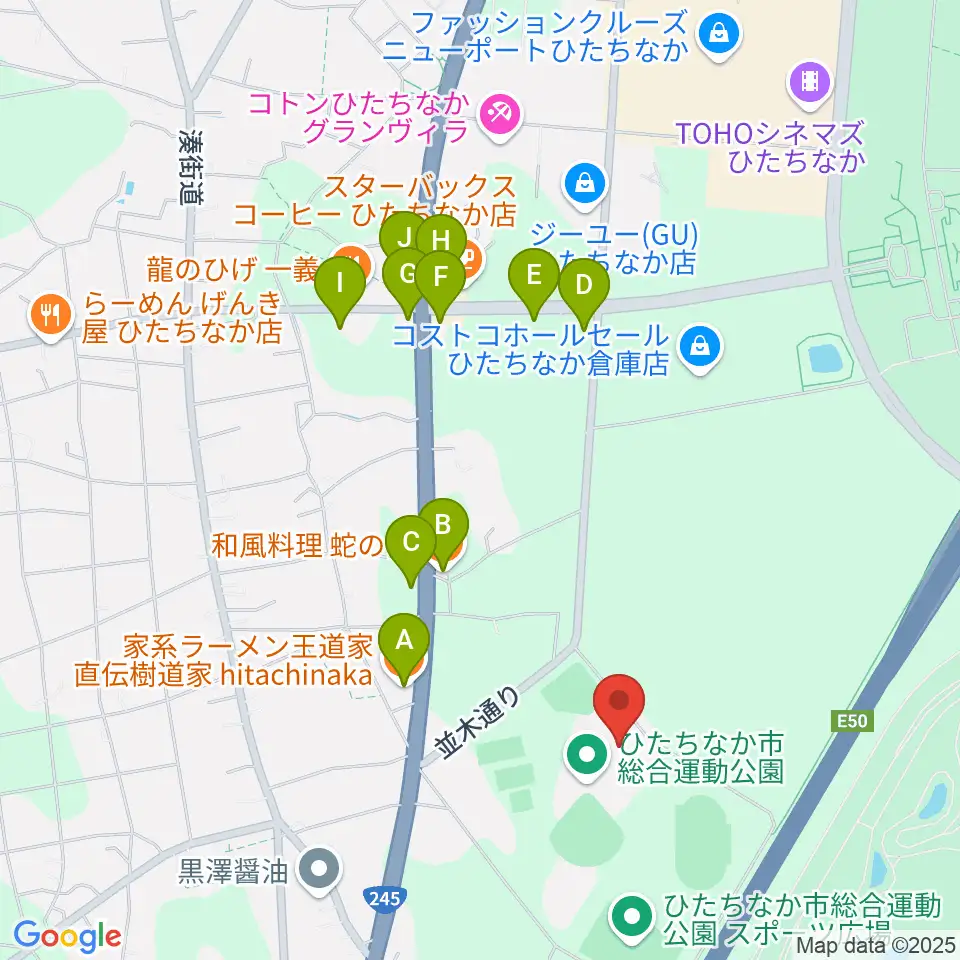 ひたちなか市総合運動公園総合体育館周辺のファミレス・ファーストフード一覧地図