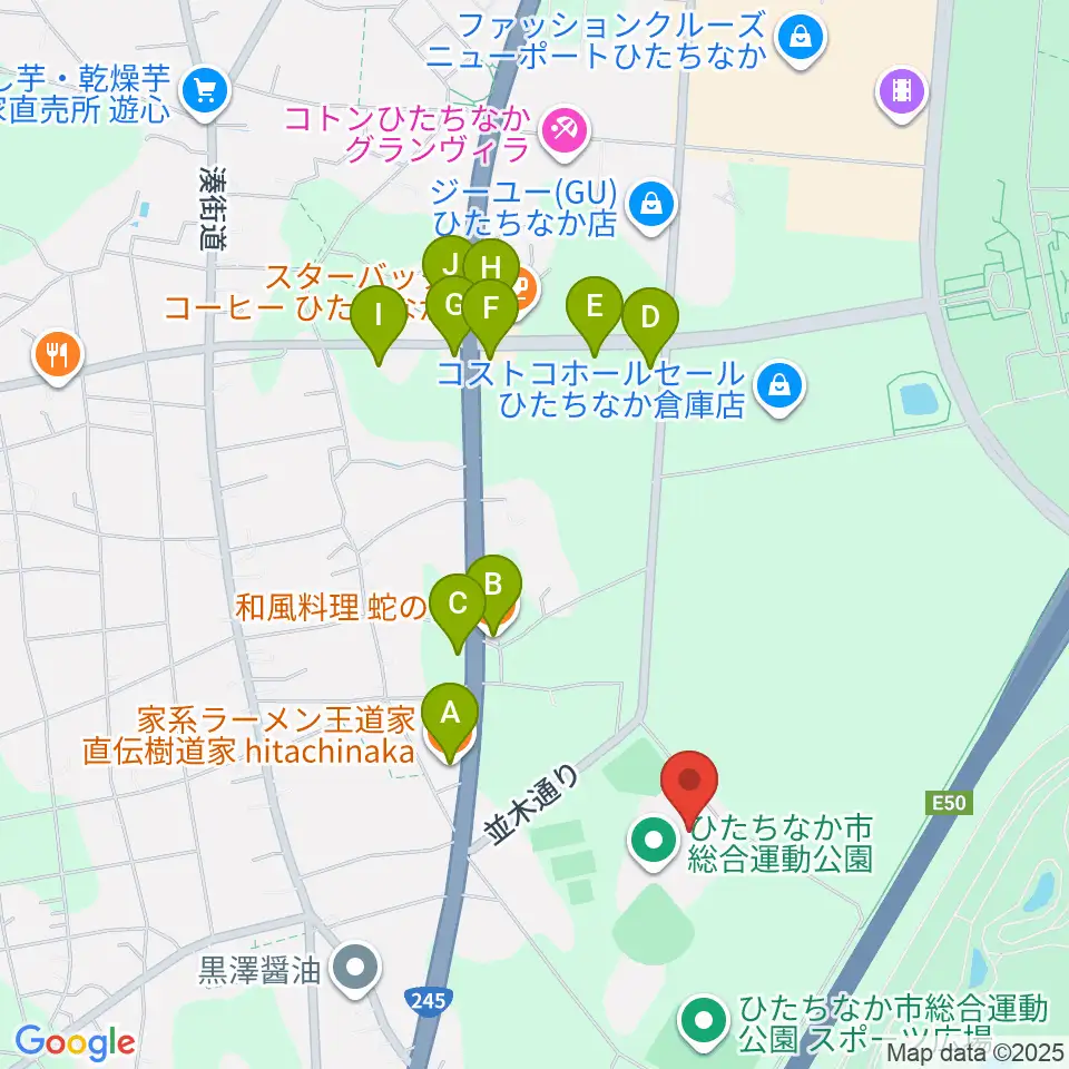 ひたちなか市総合運動公園総合体育館周辺のファミレス・ファーストフード一覧地図