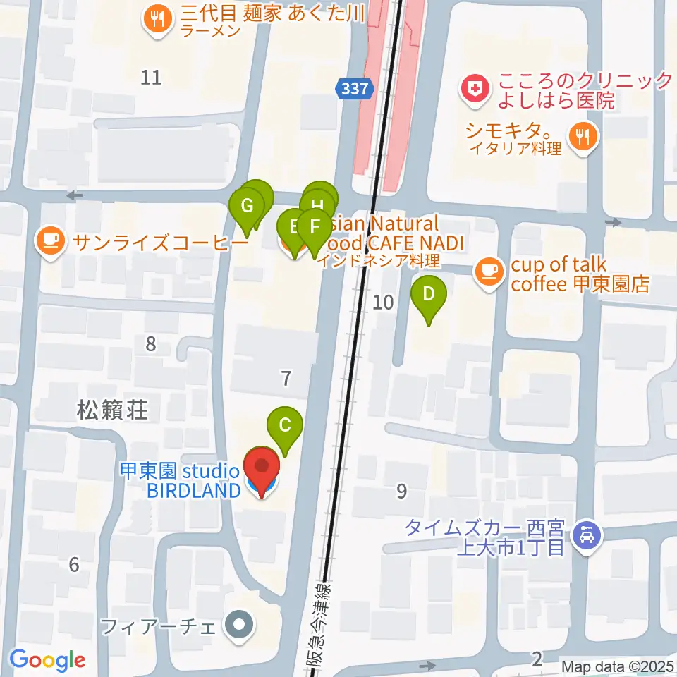 甲東園スタジオバードランド周辺のファミレス・ファーストフード一覧地図