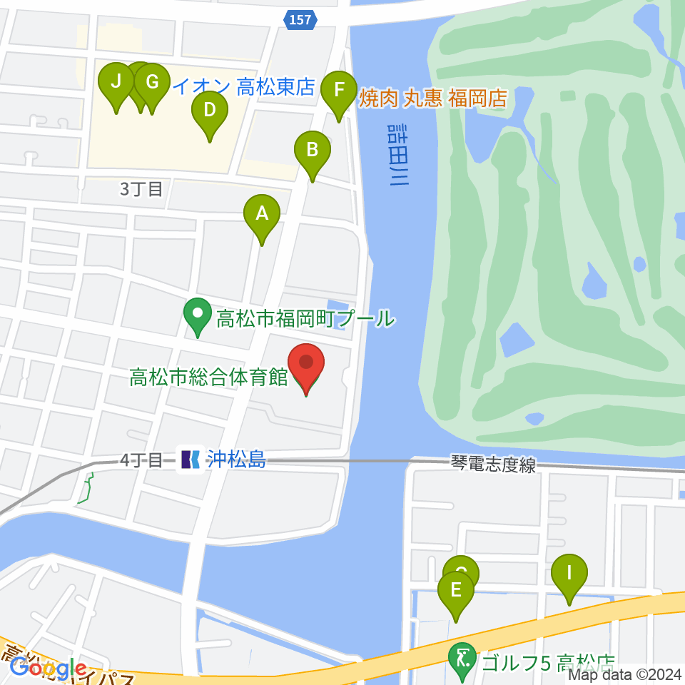 高松市総合体育館周辺のファミレス・ファーストフード一覧地図