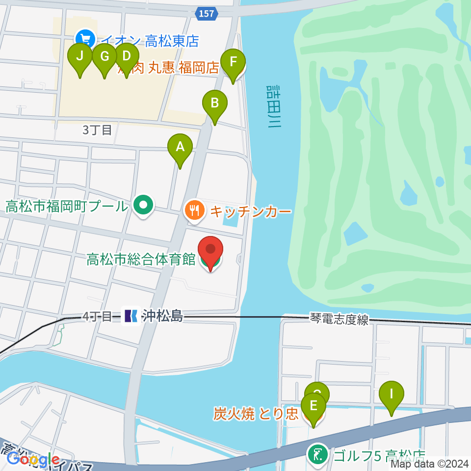 高松市総合体育館周辺のファミレス・ファーストフード一覧地図