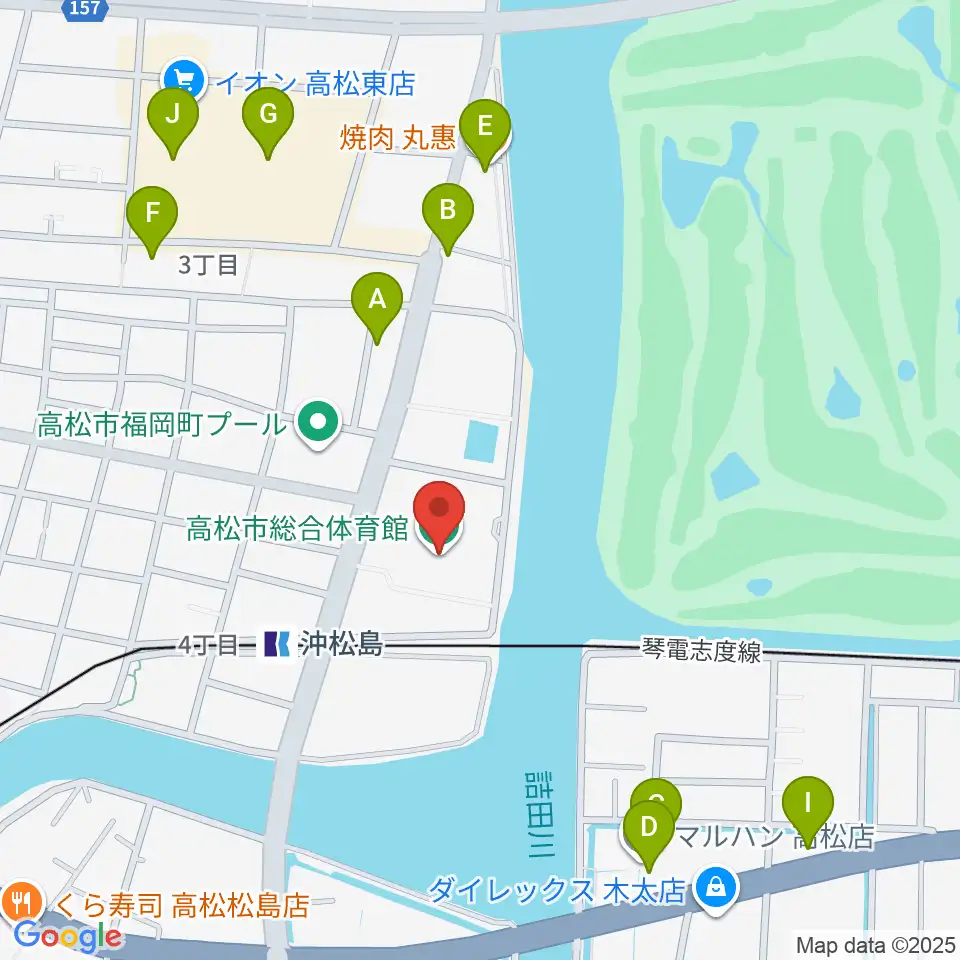 高松市総合体育館周辺のファミレス・ファーストフード一覧地図