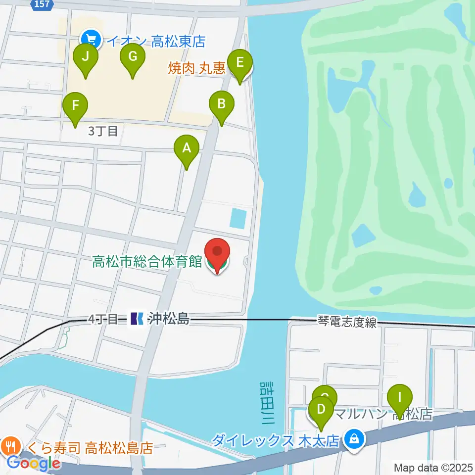 高松市総合体育館周辺のファミレス・ファーストフード一覧地図