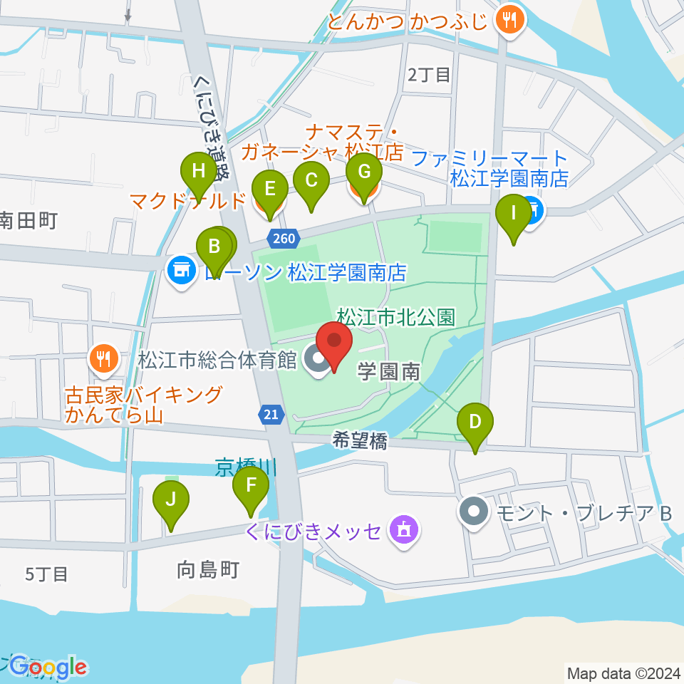 松江市総合体育館周辺のファミレス・ファーストフード一覧地図