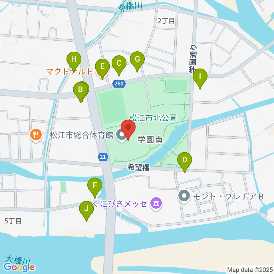 松江市総合体育館周辺のファミレス・ファーストフード一覧地図