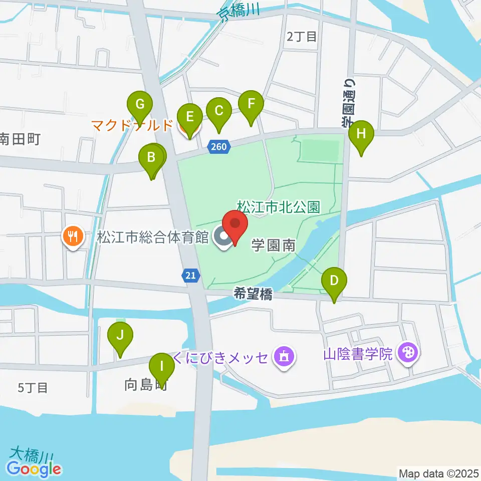松江市総合体育館周辺のファミレス・ファーストフード一覧地図