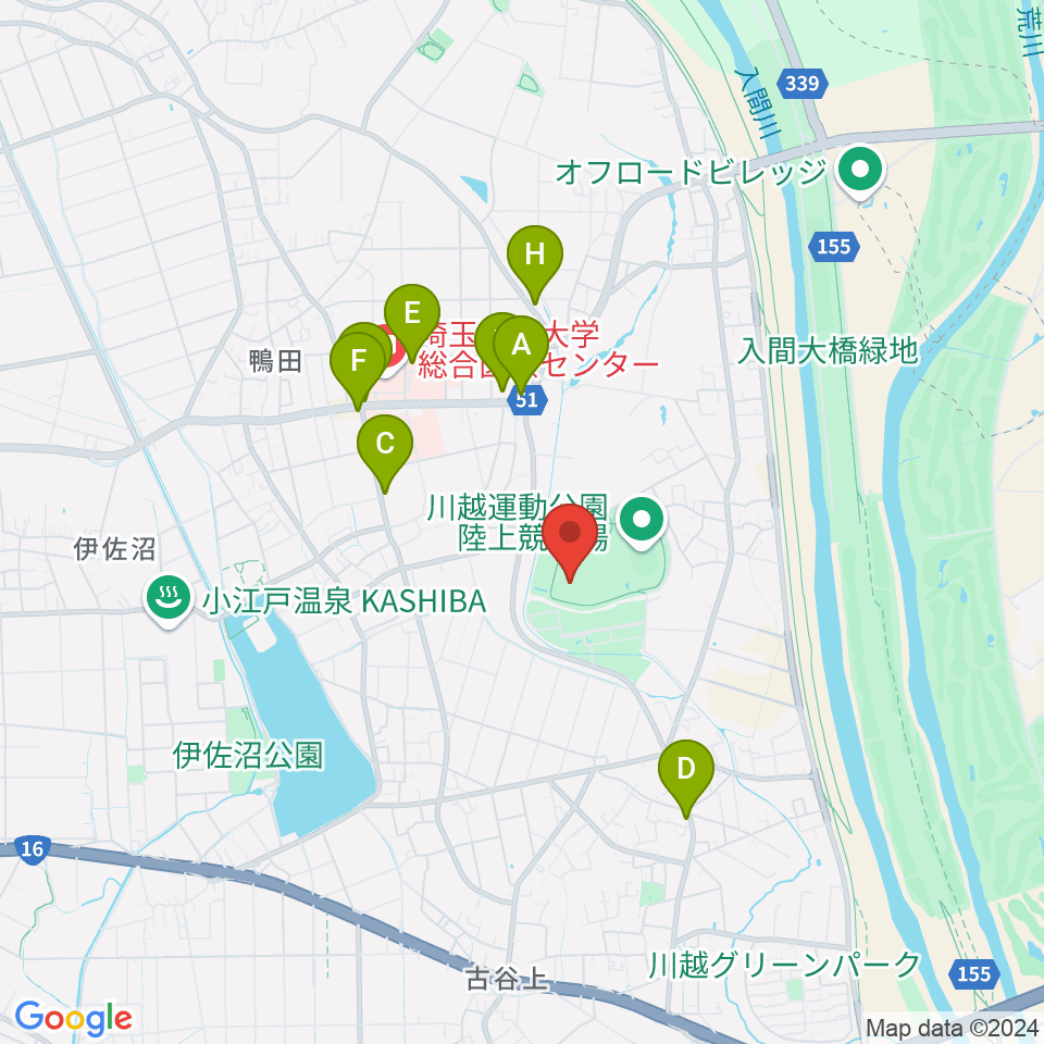 川越運動公園総合体育館周辺のファミレス・ファーストフード一覧地図