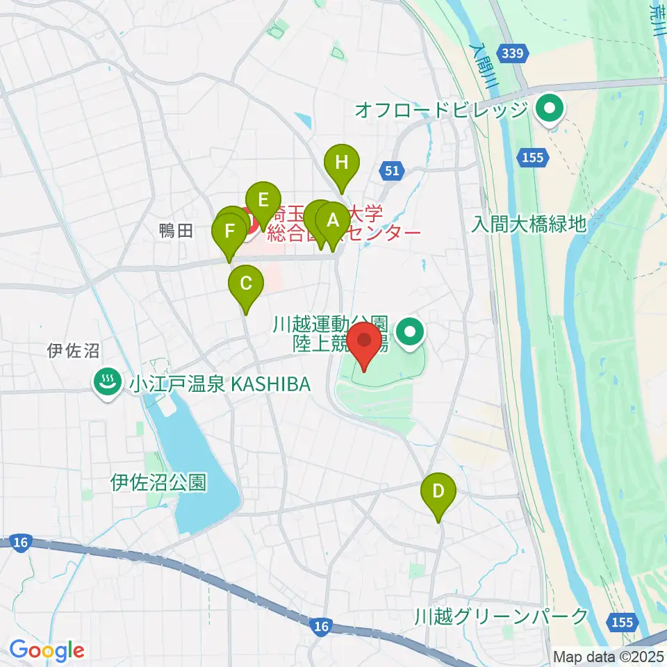 川越運動公園総合体育館周辺のファミレス・ファーストフード一覧地図