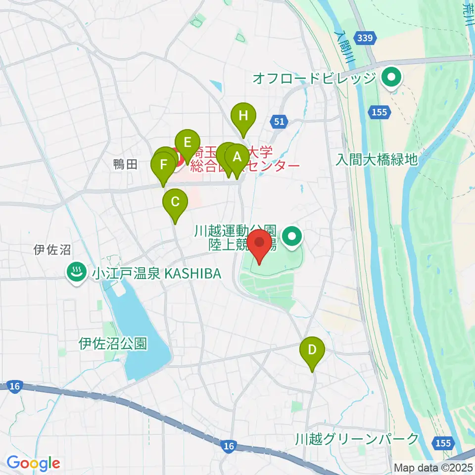 川越運動公園総合体育館周辺のファミレス・ファーストフード一覧地図