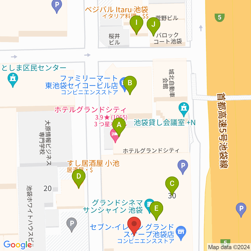 グランドシネマサンシャイン周辺のファミレス・ファーストフード一覧地図