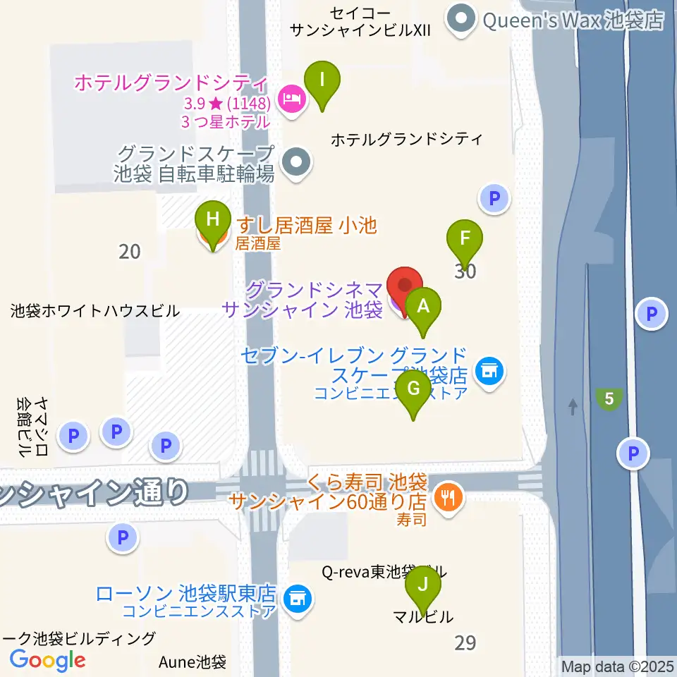 グランドシネマサンシャイン池袋周辺のファミレス・ファーストフード一覧地図
