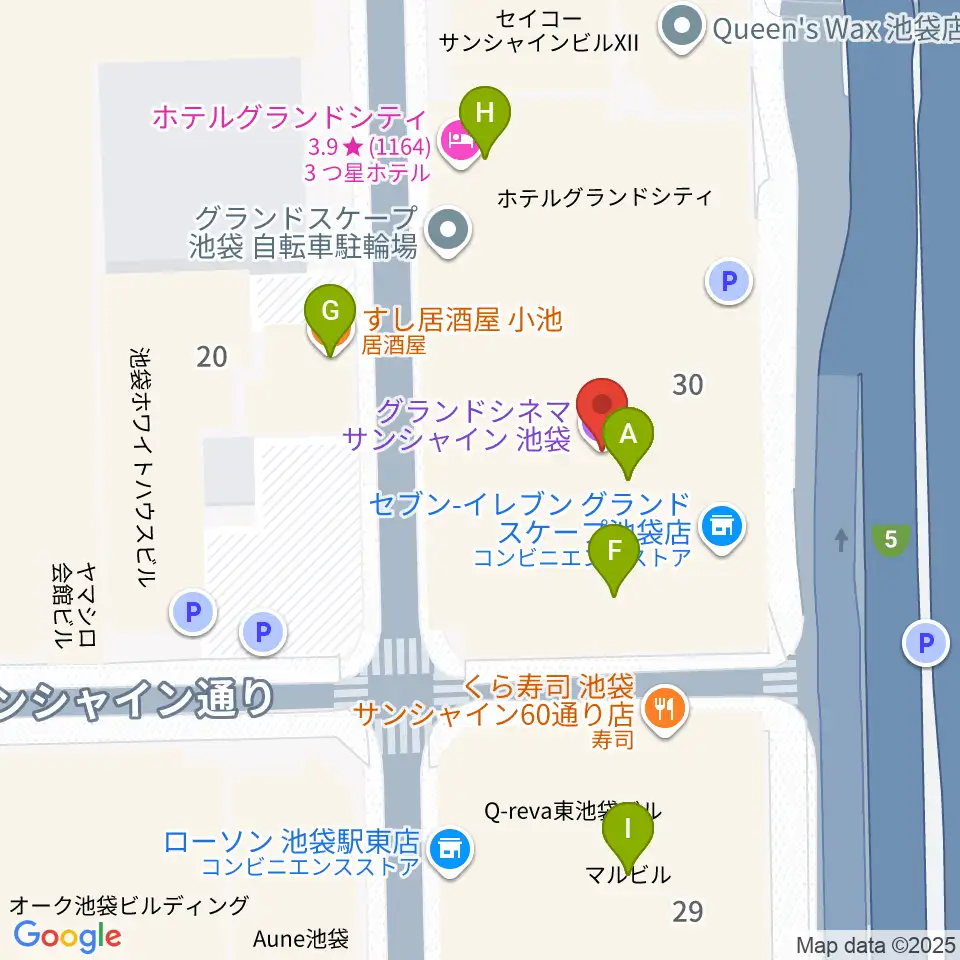 グランドシネマサンシャイン池袋周辺のファミレス・ファーストフード一覧地図