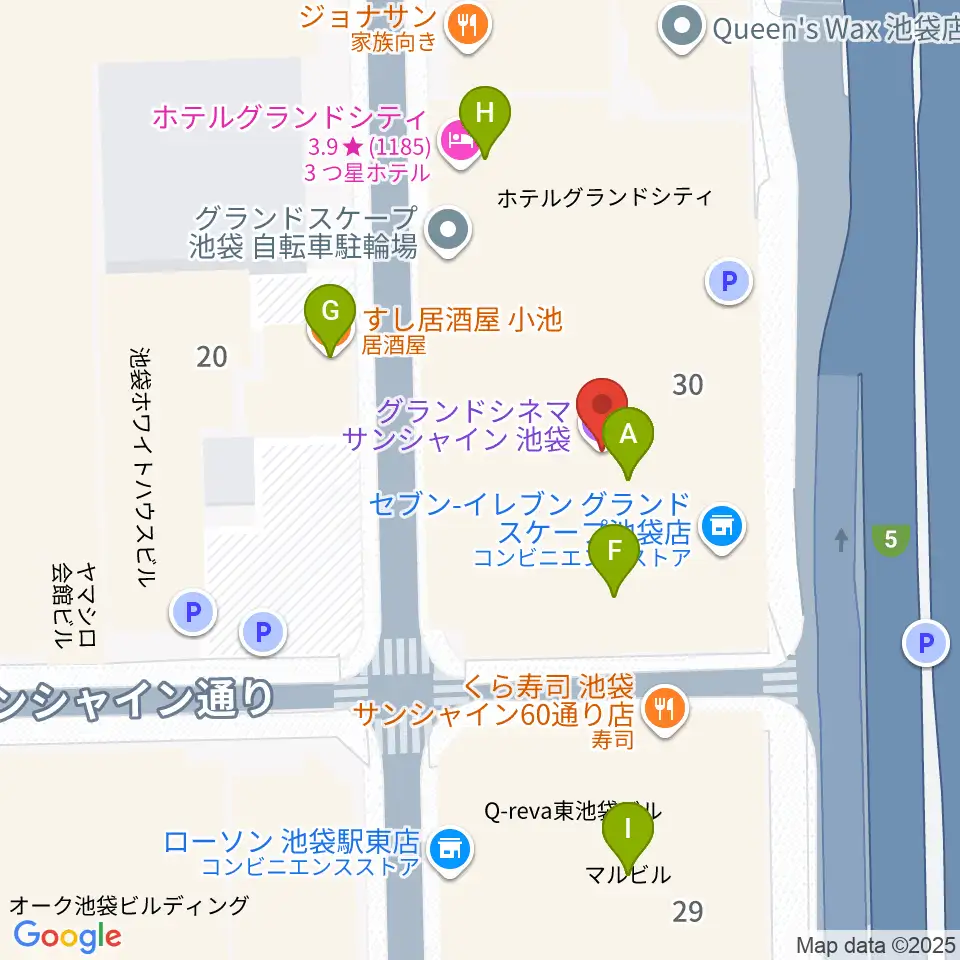 グランドシネマサンシャイン池袋周辺のファミレス・ファーストフード一覧地図