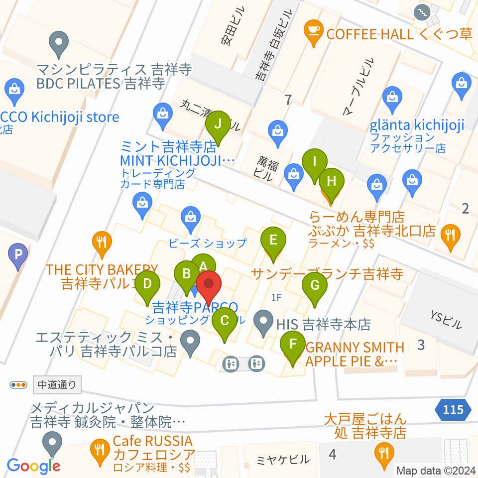アップリンク吉祥寺周辺のファミレス・ファーストフード一覧地図