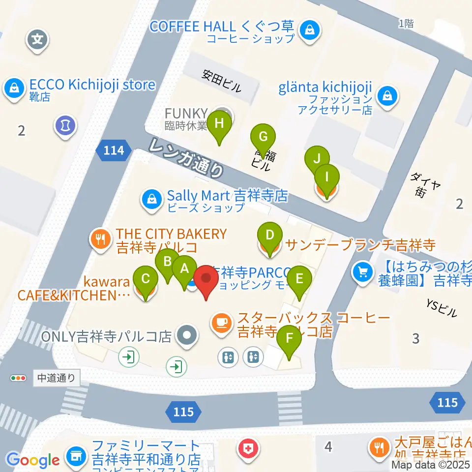 アップリンク吉祥寺周辺のファミレス・ファーストフード一覧地図