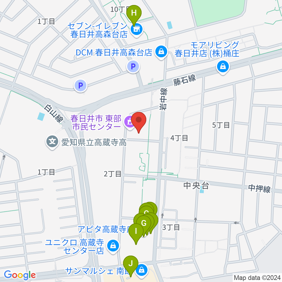 春日井市東部市民センター周辺のファミレス・ファーストフード一覧地図