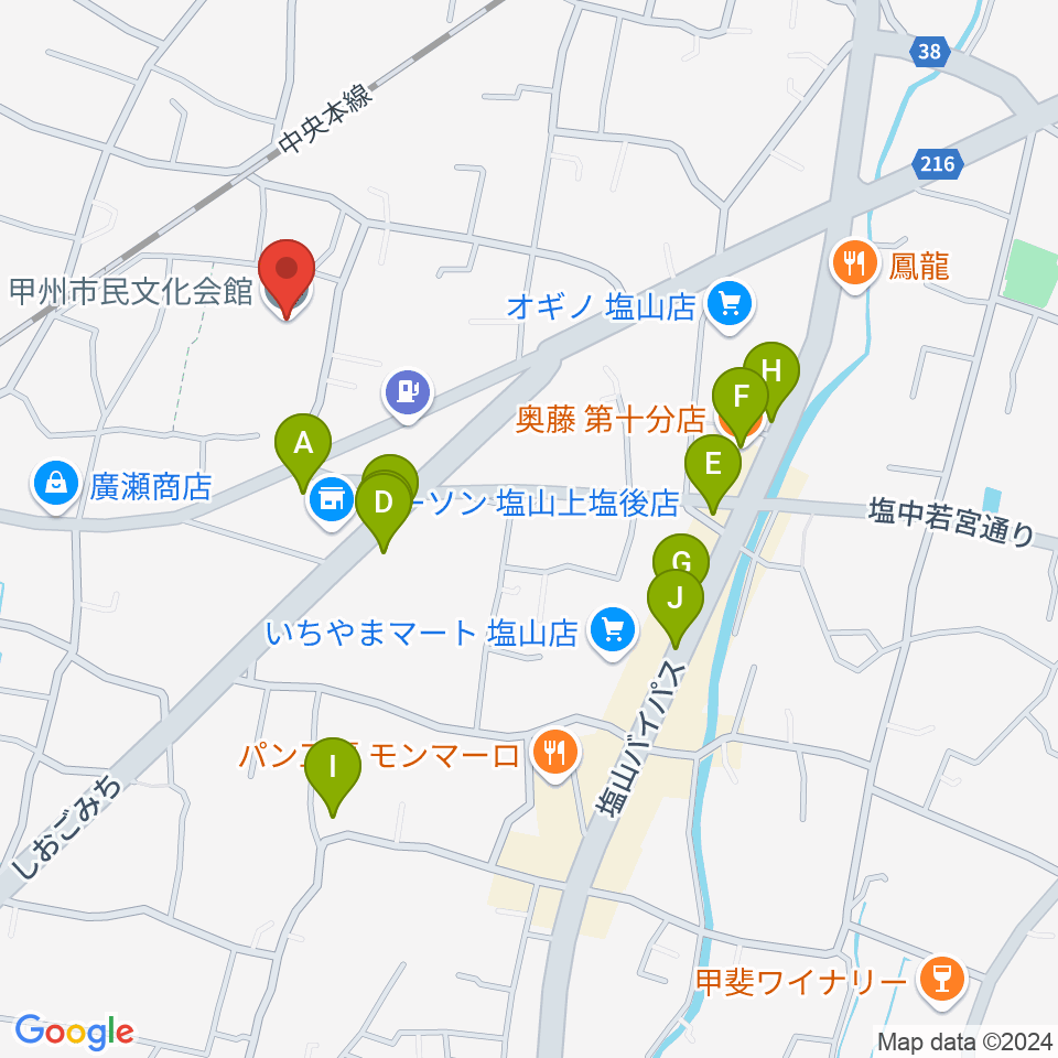 甲州市民文化会館周辺のファミレス・ファーストフード一覧地図